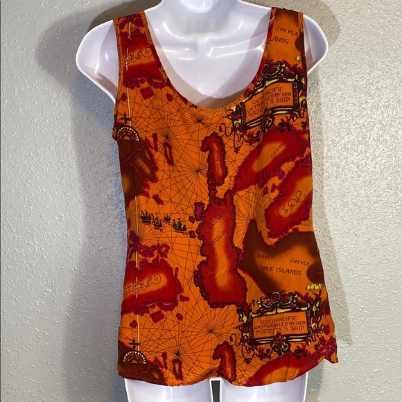 VNTG Anne Pinkerton 100% Silk Map Themed Top Orange and Red Sleeveless - Picture 5 of 9